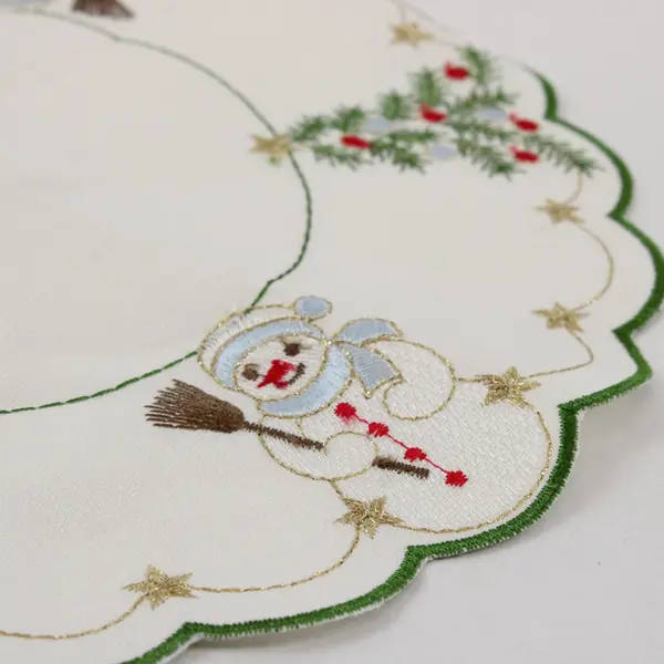 Lot of 2 Vintage Yesteryear Snowman Embroidered Round Christmas Doilies 10.5"