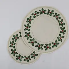 Set of 2 Yesteryear Embroidered Holly Round Off-White Christmas Doilies