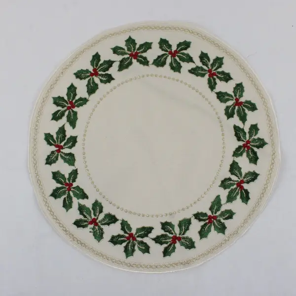 Set of 2 Yesteryear Embroidered Holly Round Off-White Christmas Doilies