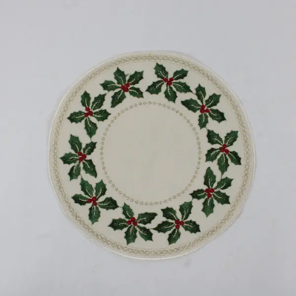 Set of 2 Yesteryear Embroidered Holly Round Off-White Christmas Doilies