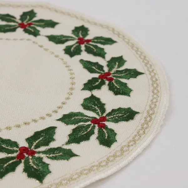 Set of 2 Yesteryear Embroidered Holly Round Off-White Christmas Doilies