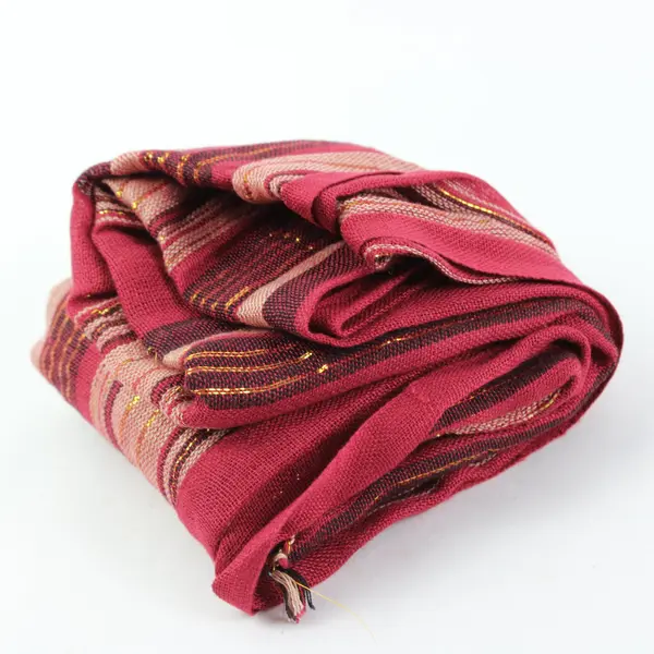 Red Striped Sheer Scarf Gold Metallic Thread Fringe Ends Boho 67in