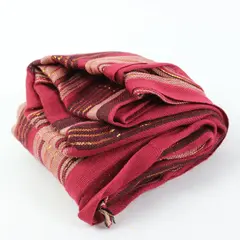 Red Striped Sheer Scarf Gold Metallic Thread Fringe Ends Boho 67in