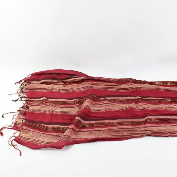 Red Striped Sheer Scarf Gold Metallic Thread Fringe Ends Boho 67in