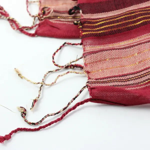 Red Striped Sheer Scarf Gold Metallic Thread Fringe Ends Boho 67in