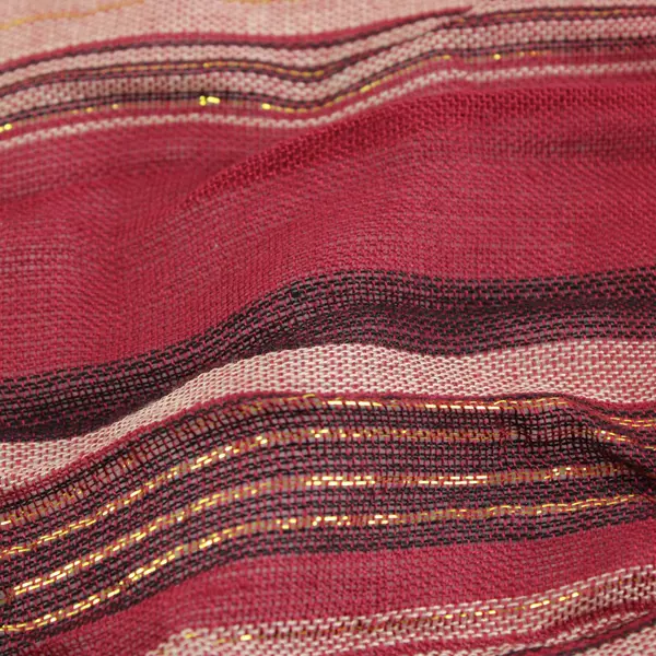 Red Striped Sheer Scarf Gold Metallic Thread Fringe Ends Boho 67in