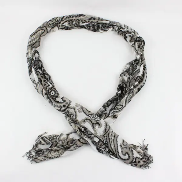 White Black Gold Boho Paisley Pattern Fringed Scarf Sheer Shawl 68''x16''