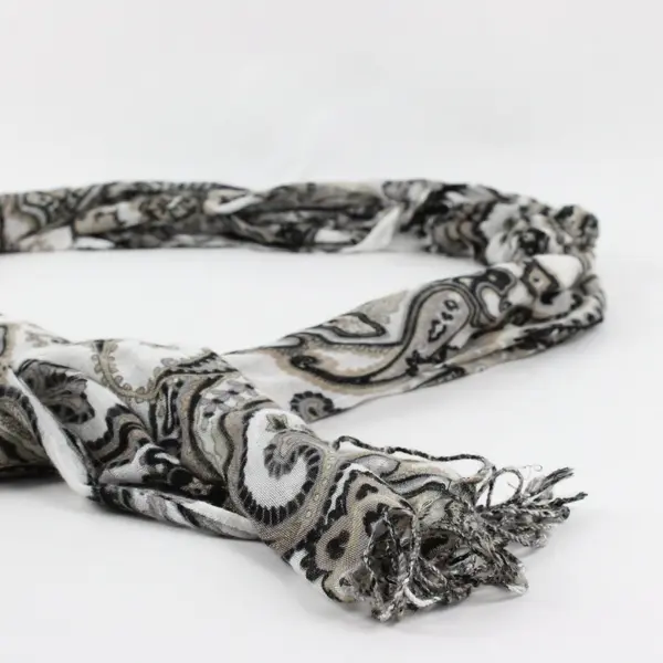 White Black Gold Boho Paisley Pattern Fringed Scarf Sheer Shawl 68''x16''