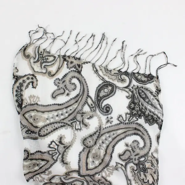 White Black Gold Boho Paisley Pattern Fringed Scarf Sheer Shawl 68''x16''