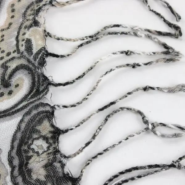White Black Gold Boho Paisley Pattern Fringed Scarf Sheer Shawl 68''x16''