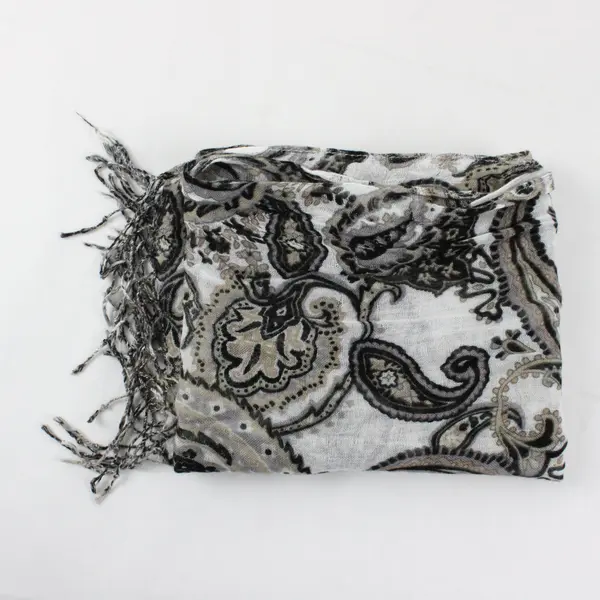 White Black Gold Boho Paisley Pattern Fringed Scarf Sheer Shawl 68''x16''