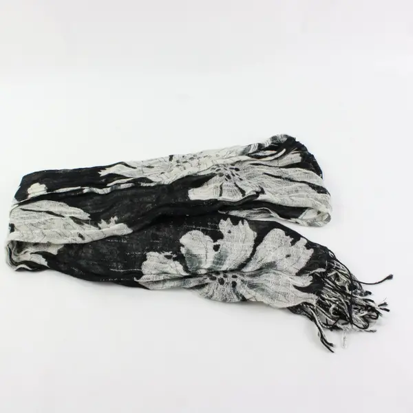 Sheer Knit Black and White Floral Scarf Fringe Ends 60''x16.5''