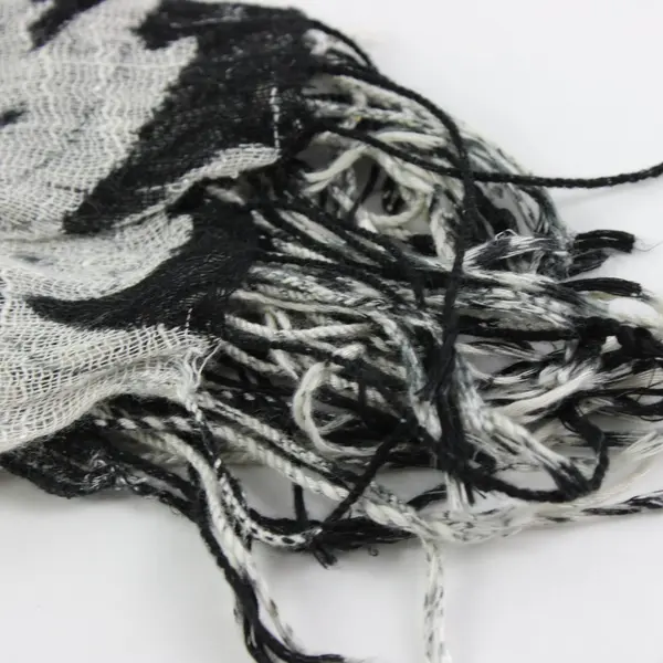 Sheer Knit Black and White Floral Scarf Fringe Ends 60''x16.5''