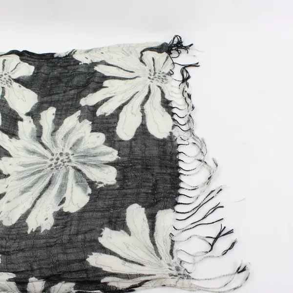 Sheer Knit Black and White Floral Scarf Fringe Ends 60''x16.5''