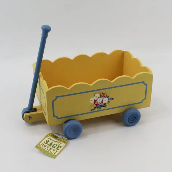 Vintage 2003 Sage County Mercantile Wooden Wagon Pull Toy Yellow Blue 12in