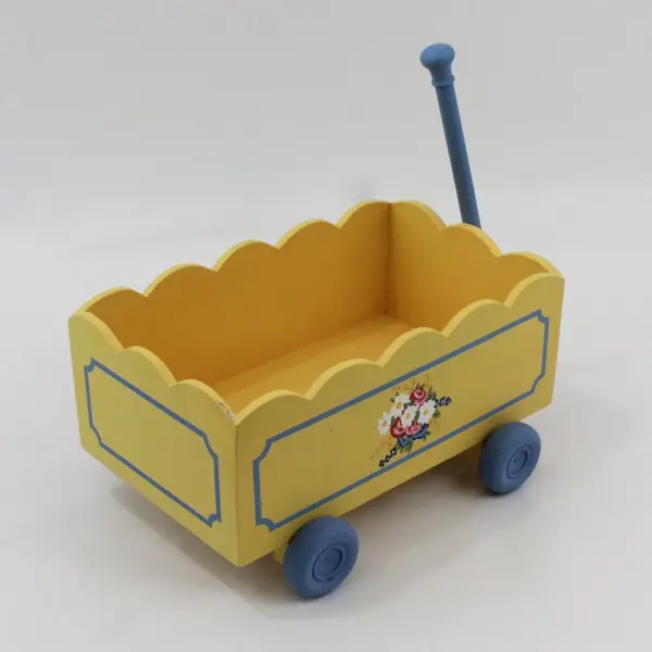 Vintage 2003 Sage County Mercantile Wooden Wagon Pull Toy Yellow Blue 12in