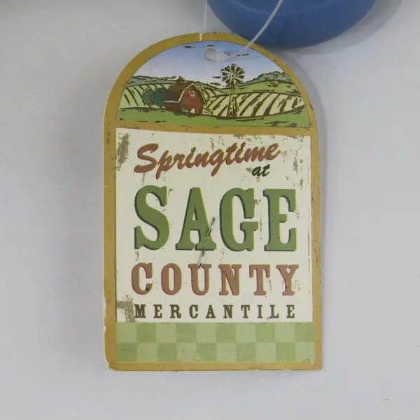 Vintage 2003 Sage County Mercantile Wooden Wagon Pull Toy Yellow Blue 12in