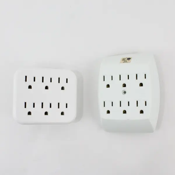 Lot of 2 White 6-Outlet Grounded 3-Prong AC Wall Taps 1 GE 1 Unbranded