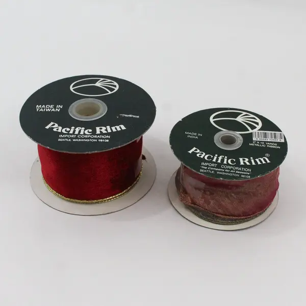Lot of 2 Vtg. Pacific Rim Red & Pink/Green Metallic Ribbon Spools 