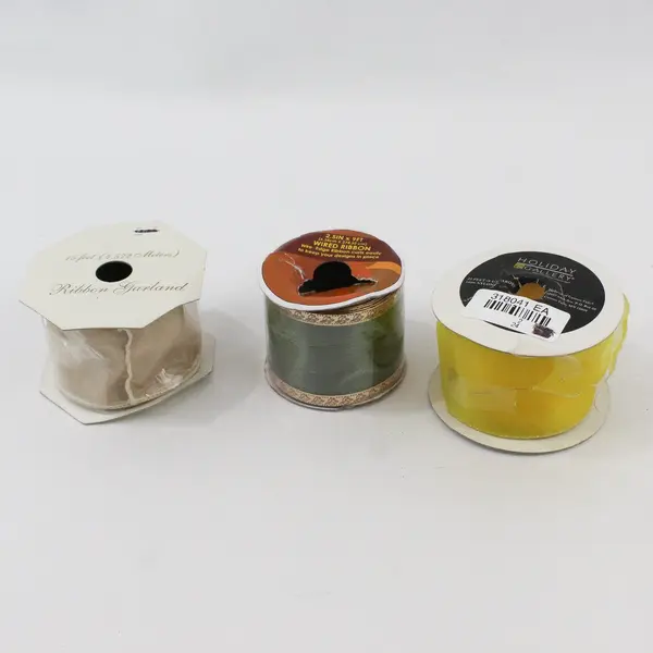 Lot of 3 Vintage Spools of Ribbon - green (wired), yellow & gold, 2 are new 