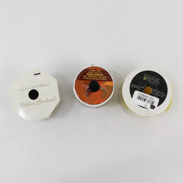 Lot of 3 Vintage Spools of Ribbon - green (wired), yellow & gold, 2 are new 