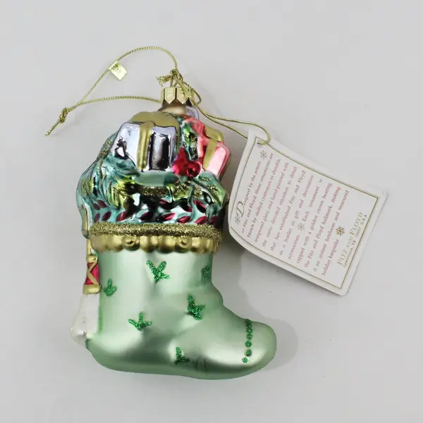 VTG Fitz and Floyd Blown Glass Ornament Christmas Stocking Full of Gifts 4.25"