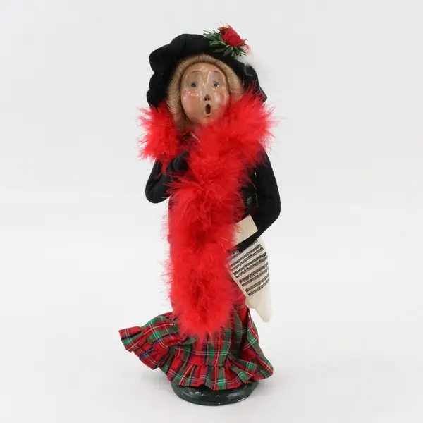 Byers Choice 1996 Woman Caroler Figurine Plaid Skirt Red Feather Boa