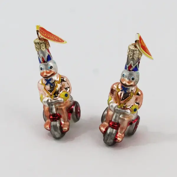 Lot of 2 Vintage Taron Collection Hand-Blown Glass Duck Tricycle Ornaments 3in