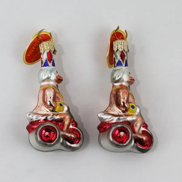 Lot of 2 Vintage Taron Collection Hand-Blown Glass Duck Tricycle Ornaments 3in