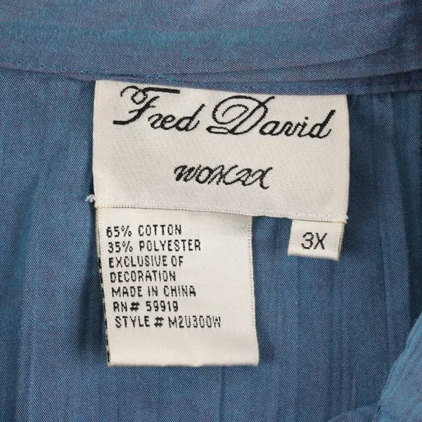 Fred David M2U300H Women's 3X Plus Blue Embroidered Shimmery Blouse