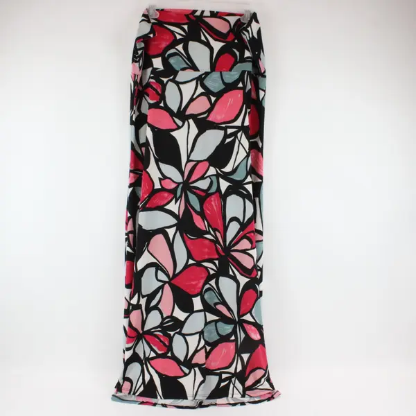 LuLaRoe Foldover Maxi Skirt XL Abstract Black, Pink, Grey, White Floral Print