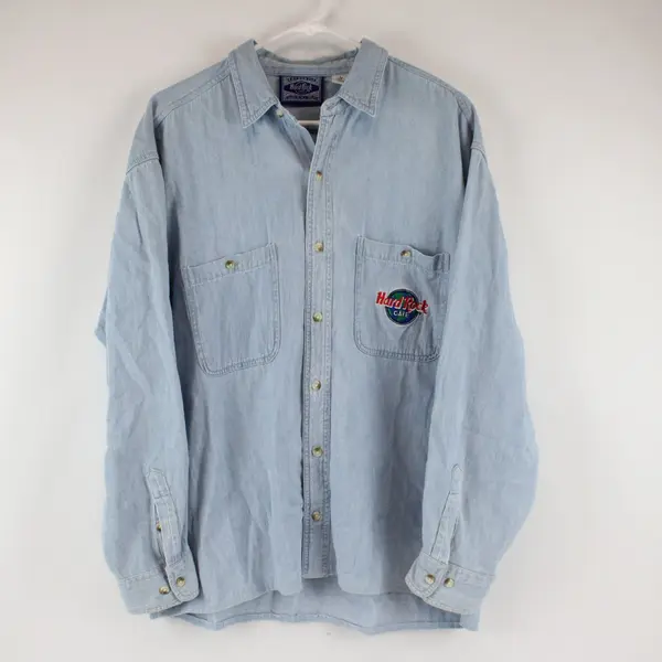 Hard Rock Cafe London Light Wash Denim Button-Up Men's Large FLAWED