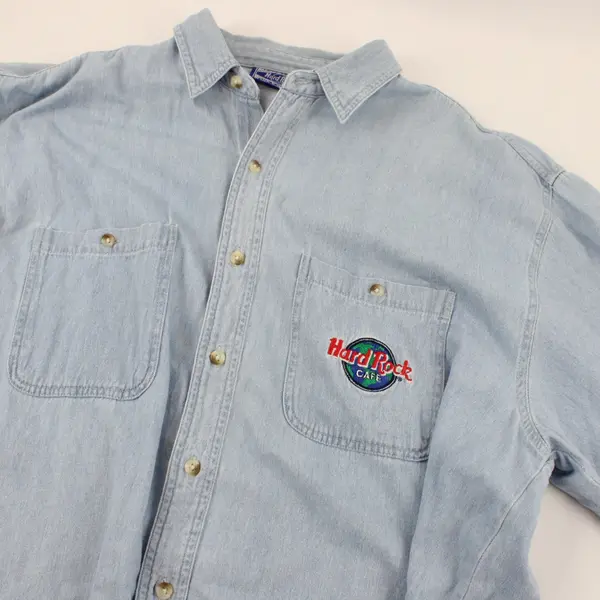 Hard Rock Cafe London Light Wash Denim Button-Up Men's Large FLAWED