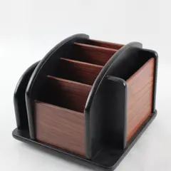 Rotating Wood Grain Desk Organizer 5 Compartments Office Supply Holder