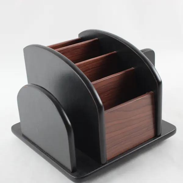 Rotating Wood Grain Desk Organizer 5 Compartments Office Supply Holder