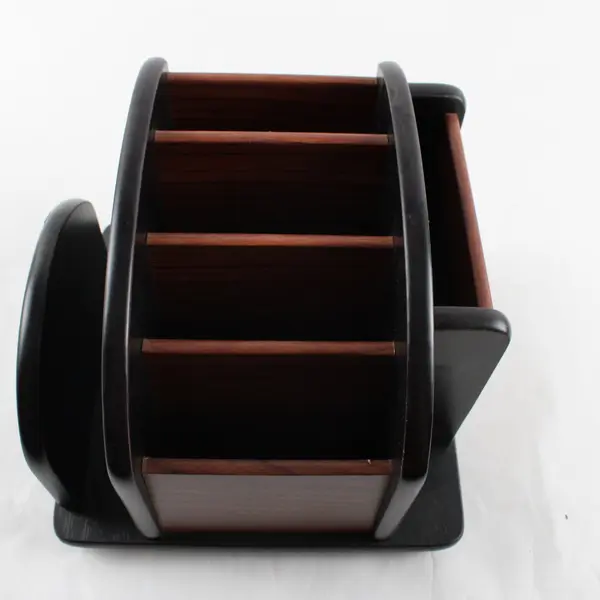 Rotating Wood Grain Desk Organizer 5 Compartments Office Supply Holder