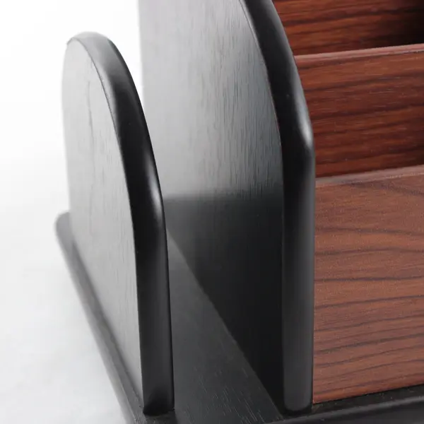 Rotating Wood Grain Desk Organizer 5 Compartments Office Supply Holder