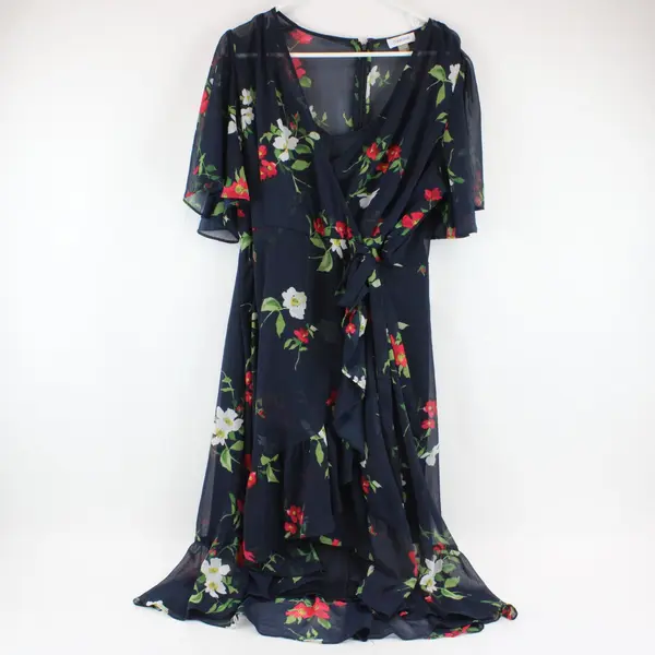 Calvin Klein Navy Floral Faux Wrap Maxi Dress Flared Size 16