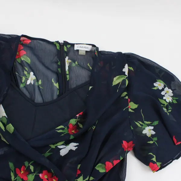 Calvin Klein Navy Floral Faux Wrap Maxi Dress Flared Size 16