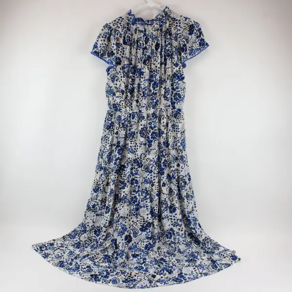 Jessica Simpson Floral Gathered Tie-Neck Dress White Blue Orange 0X
