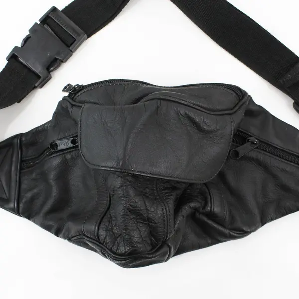 Black Faux Leather Patchwork Fanny Pack Belt Bag Multi-Zip 