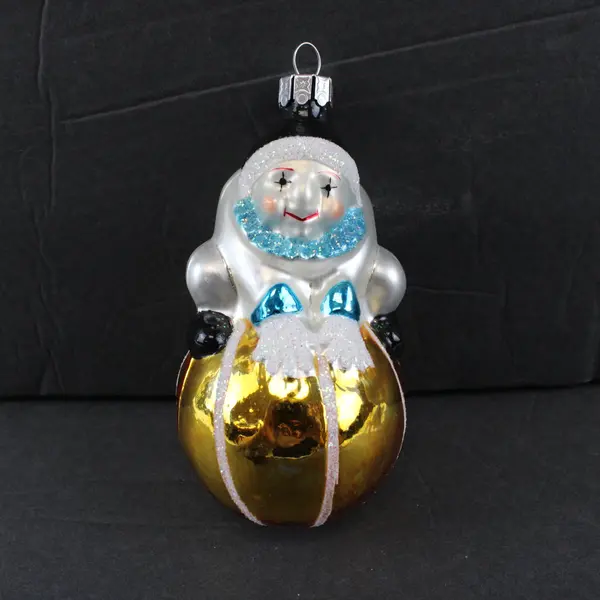 VTG 1991 Christopher Radko Roly Poly Clown Ornament Sitting on Gold Ball 5" Tall