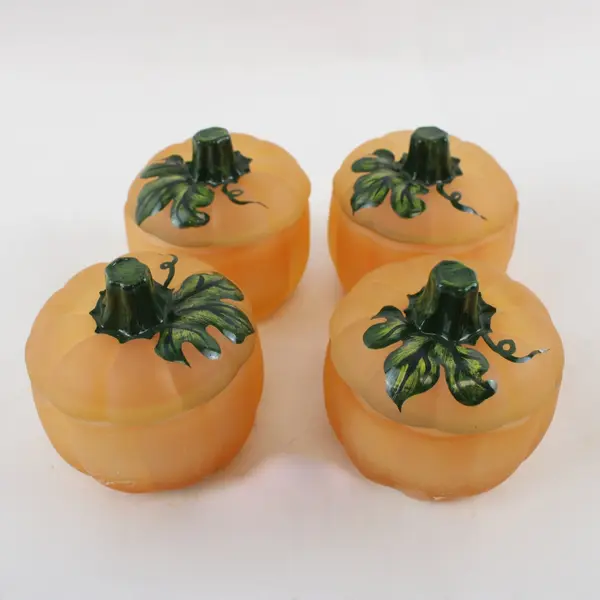 Celebrations Set of 4 Orange Pumpkin Votive Holders 2.5in w/ Used Pink Candles