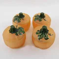 Celebrations Set of 4 Orange Pumpkin Votive Holders 2.5in w/ Used Pink Candles