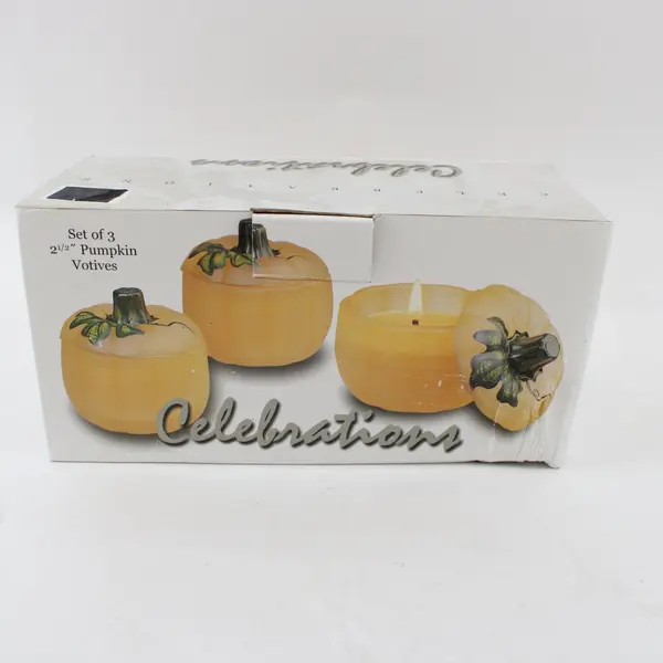 Set of 3 Celebrations Crystal Clear Orange Pumpkin Votive Candles 2.5"