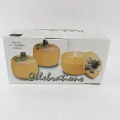 Set of 3 Celebrations Crystal Clear Orange Pumpkin Votive Candles 2.5"