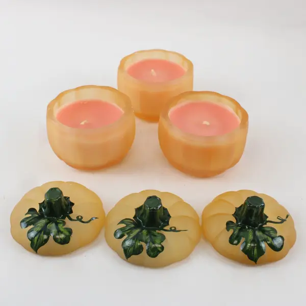 Set of 3 Celebrations Crystal Clear Orange Pumpkin Votive Candles 2.5"