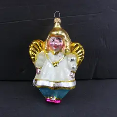 Christopher Radko Vintage Blown Glass Golden Haired Angel Gold Wings 5"