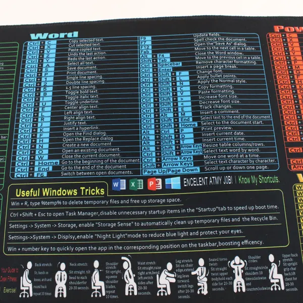 Excel Word Power Point Windows Shortcut Cheat Sheet Large Mouse Pad 11"x31"