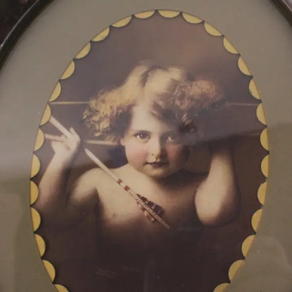 Vintage Oval Framed And Matted 1897 Print Cupid Awake By M B Parkinson